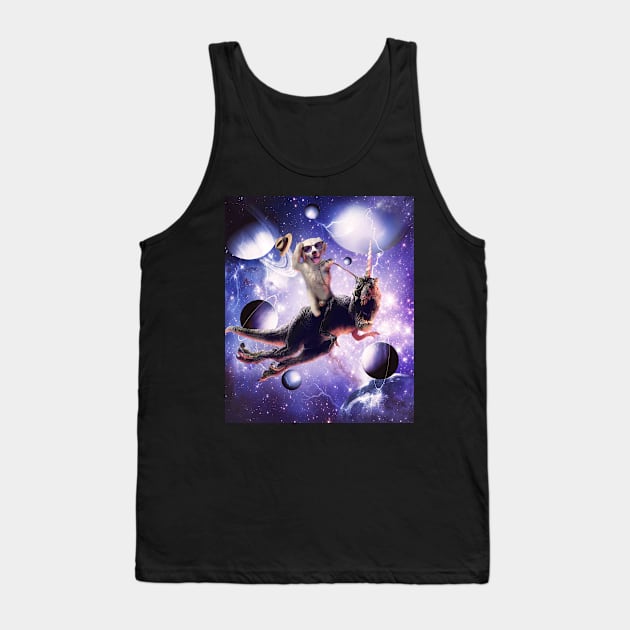 Golden Retriever Riding Dinosaur In Space Tank Top by Random Galaxy